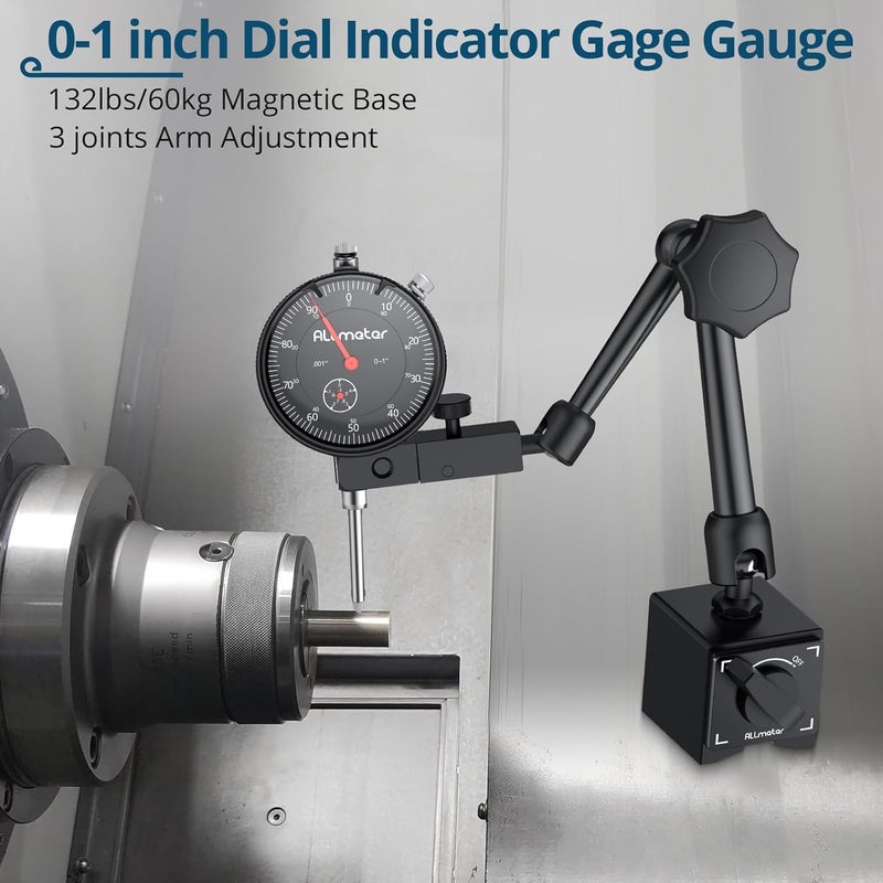 ALLmeter Store Dial Indicator Magnetic Base Set (176lbs/80kg Tensile Force) 0-1 Inch Precision Gauge for Machining,Lathe Alignment & Metalworking Dial Indicator Gage Gauge for 3D Printer Lathe Workshop - Image 2
